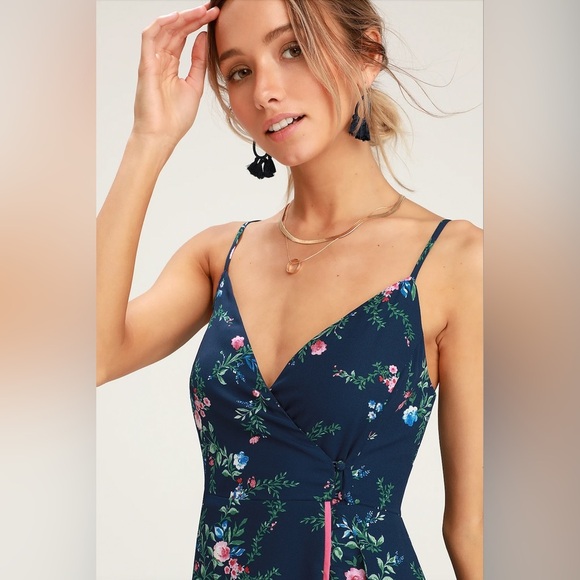 Lulus Midi Dress Size Small Darling‎ Date Navy Blue Floral Ruffled Wrap Fitted - Picture 6 of 14